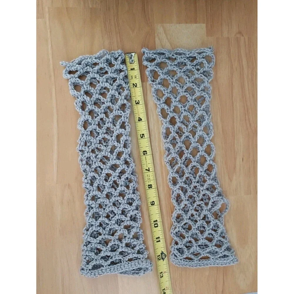 Fishnet Handmade Gray Crochet Long Fingerless Gloves Mesh Goth NEW